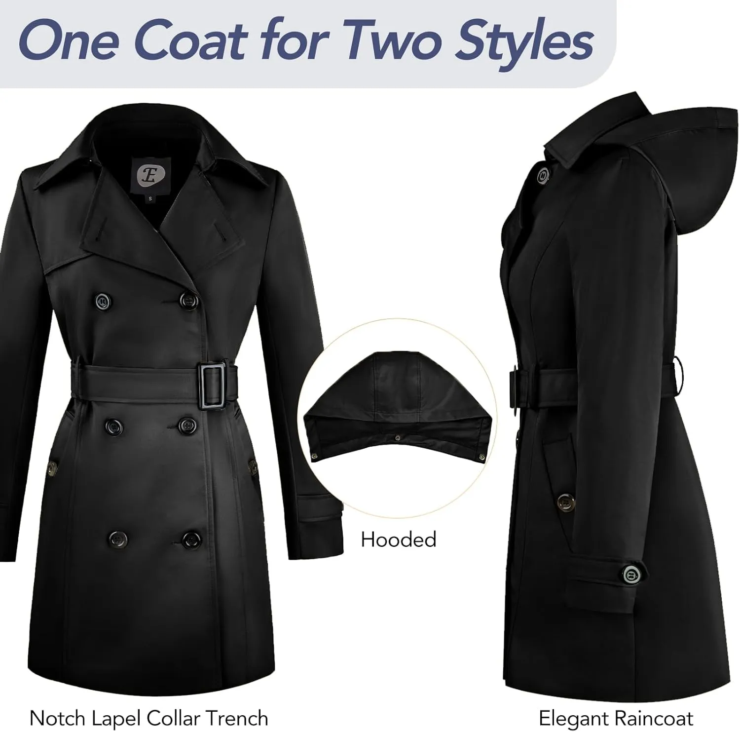 Women's Double-Breasted Trench Coat,Classic Windbreaker with Removable Hood, Belted Lapel Overcoat