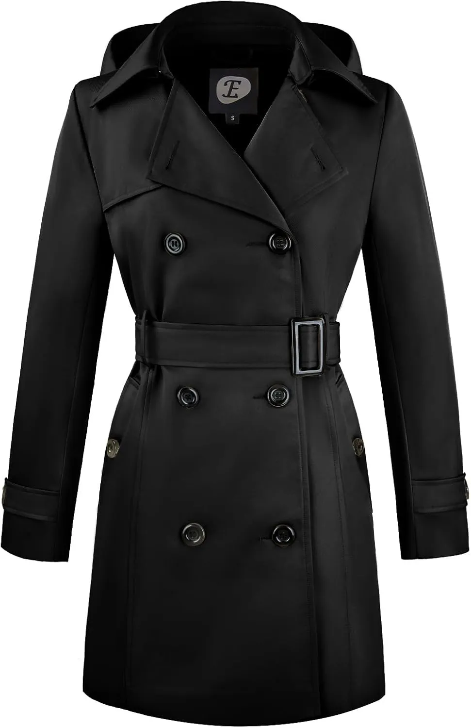 Women's Double-Breasted Trench Coat,Classic Windbreaker with Removable Hood, Belted Lapel Overcoat