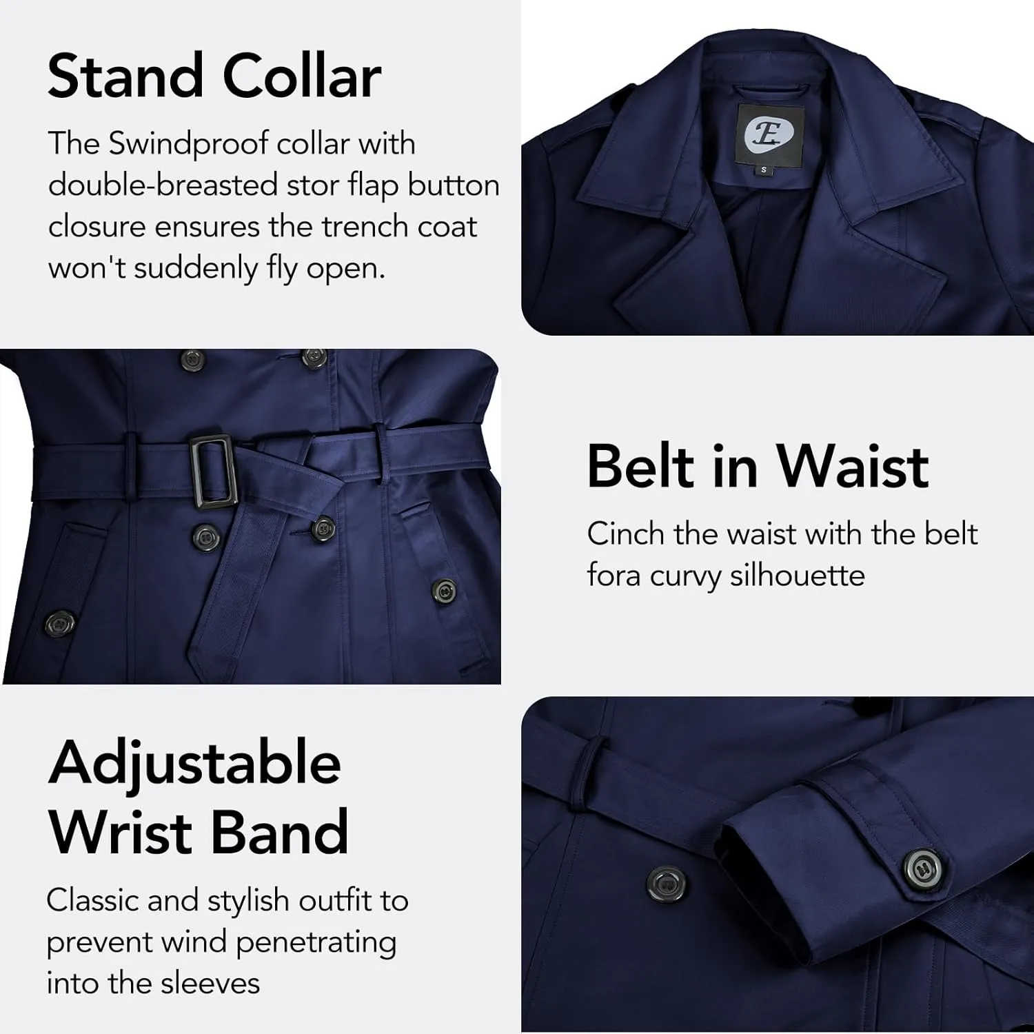 Women's Double-Breasted Trench Coat,Classic Windbreaker with Removable Hood, Belted Lapel Overcoat