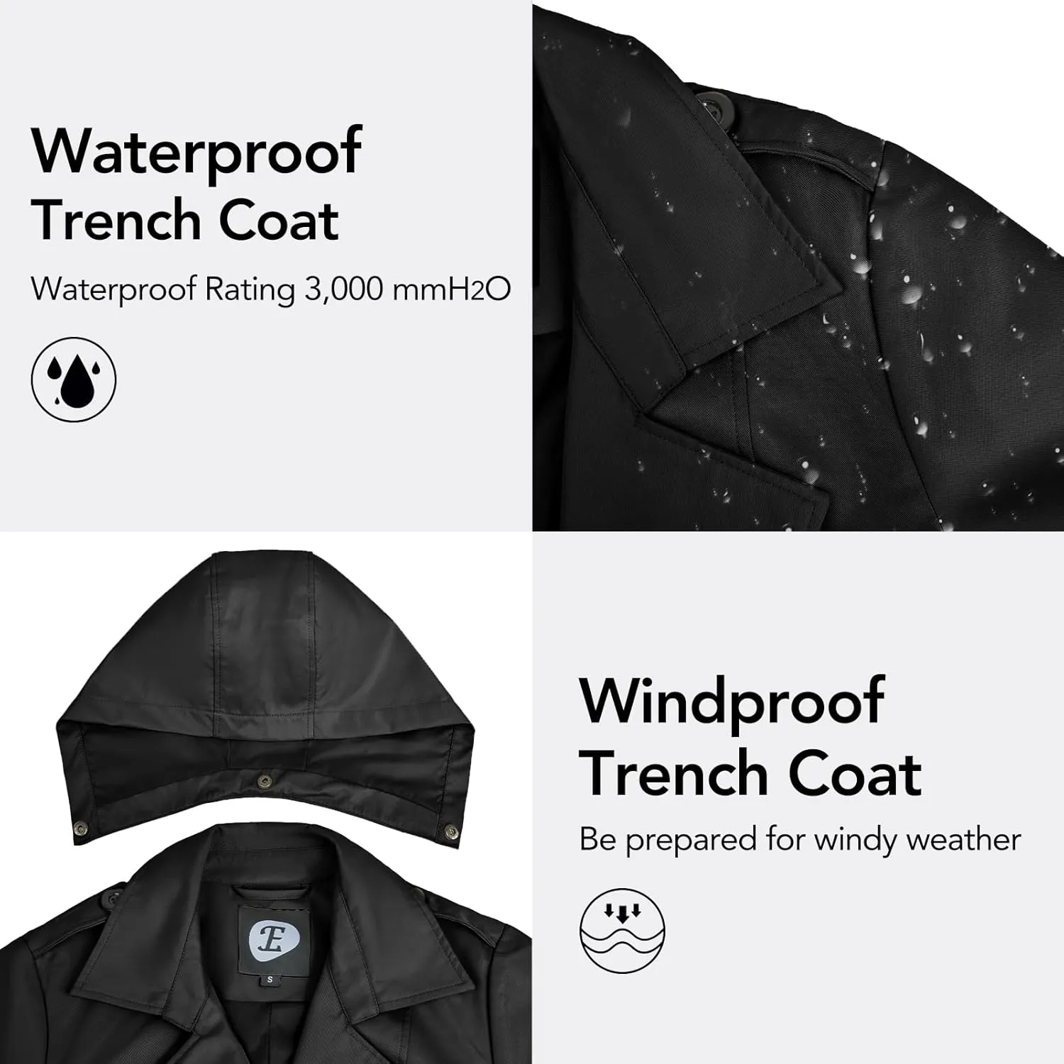 Women's Double-Breasted Trench Coat,Classic Windbreaker with Removable Hood, Belted Lapel Overcoat