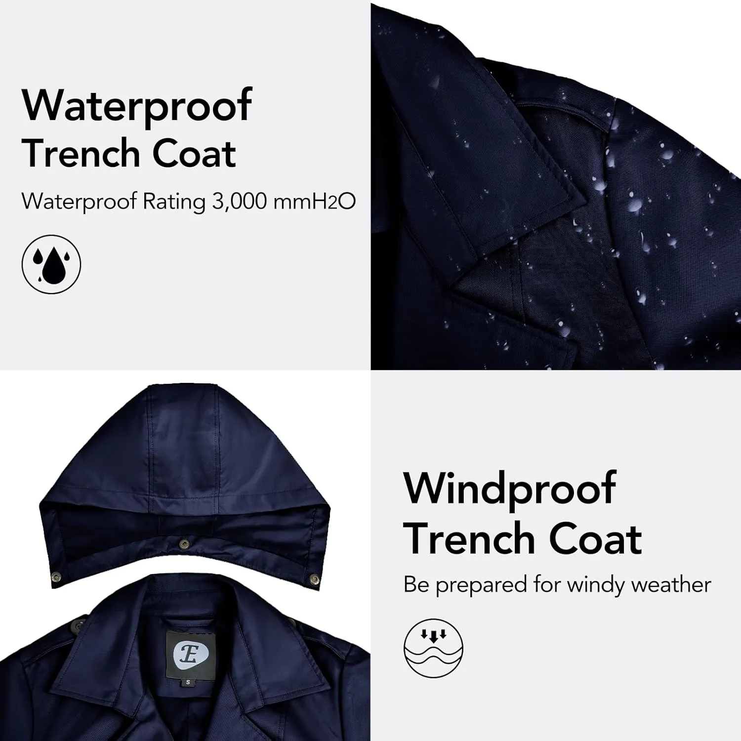 Women's Double-Breasted Trench Coat,Classic Windbreaker with Removable Hood, Belted Lapel Overcoat