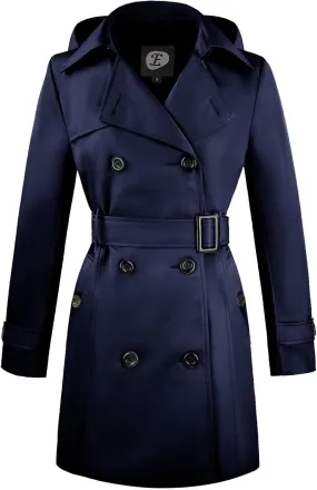 Women's Double-Breasted Trench Coat,Classic Windbreaker with Removable Hood, Belted Lapel Overcoat