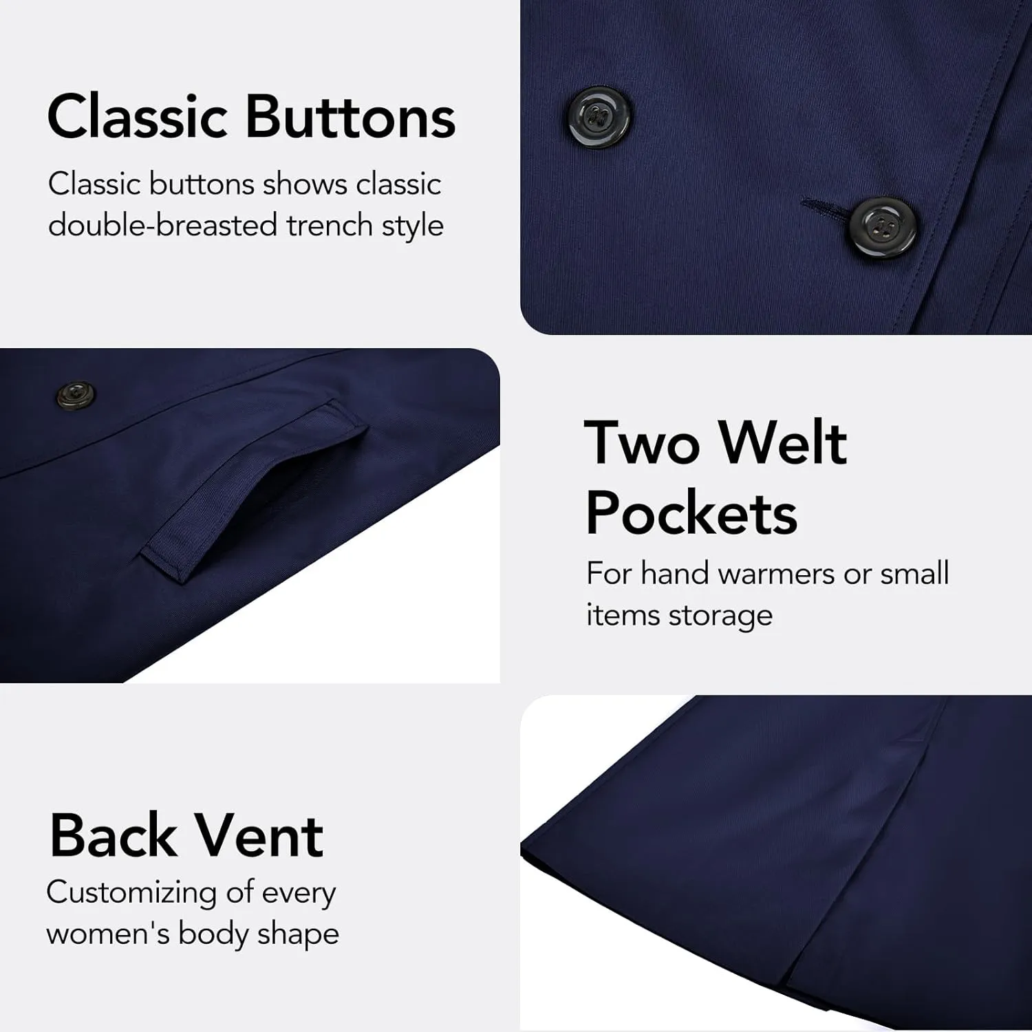 Women's Double-Breasted Trench Coat,Classic Windbreaker with Removable Hood, Belted Lapel Overcoat