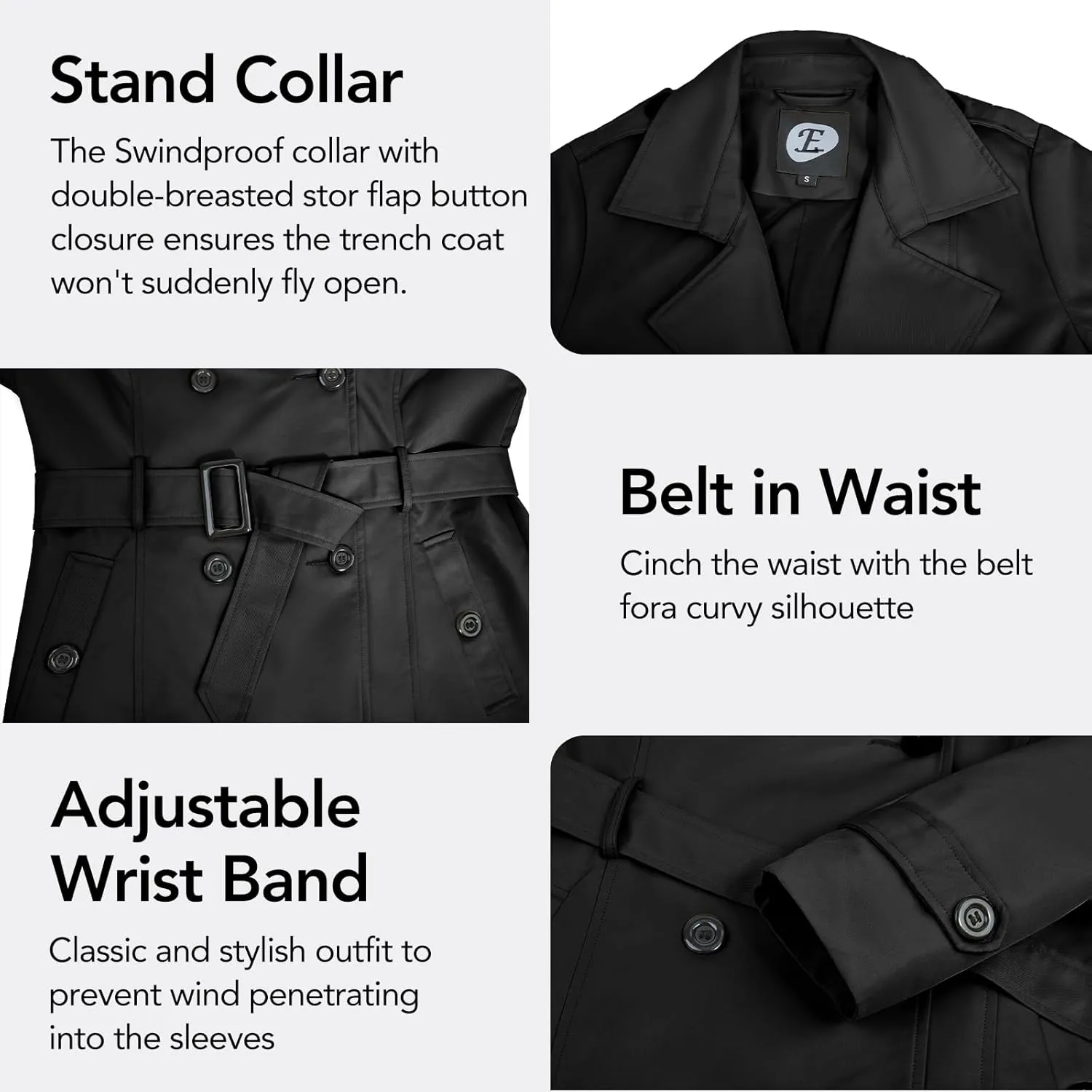 Women's Double-Breasted Trench Coat,Classic Windbreaker with Removable Hood, Belted Lapel Overcoat