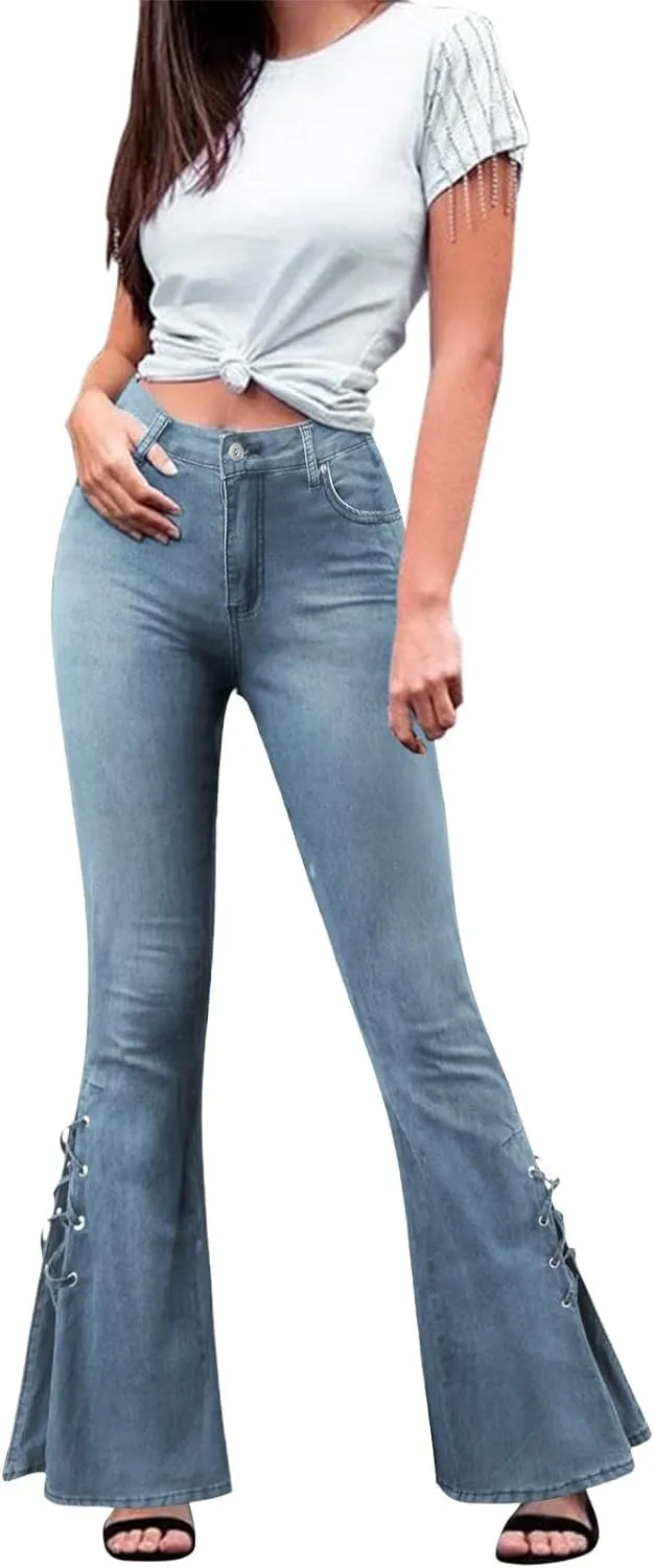 Women's Flare Bell Bottom Jeans Classic High Waist Totally Shaping Tassel Stretch Curvy Fit Jeans