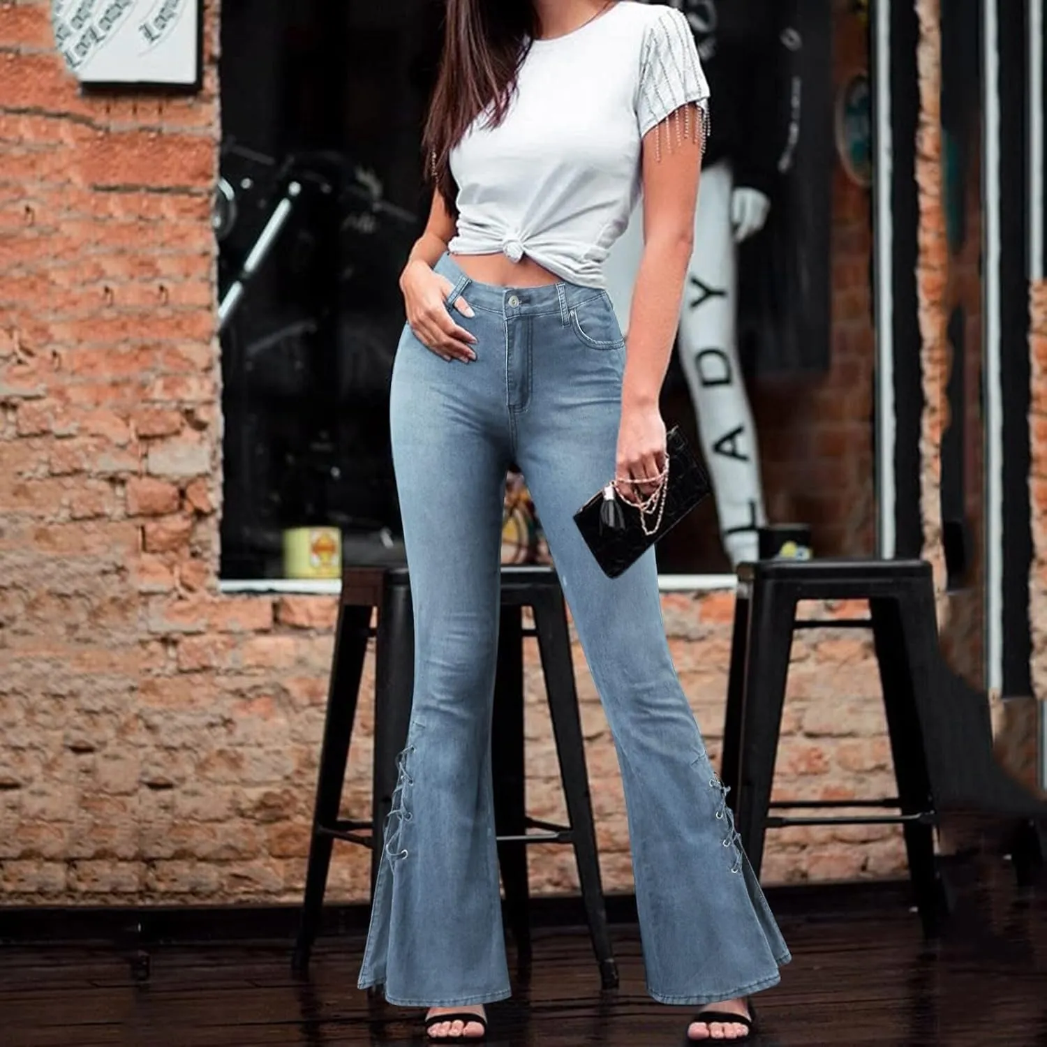 Women's Flare Bell Bottom Jeans Classic High Waist Totally Shaping Tassel Stretch Curvy Fit Jeans