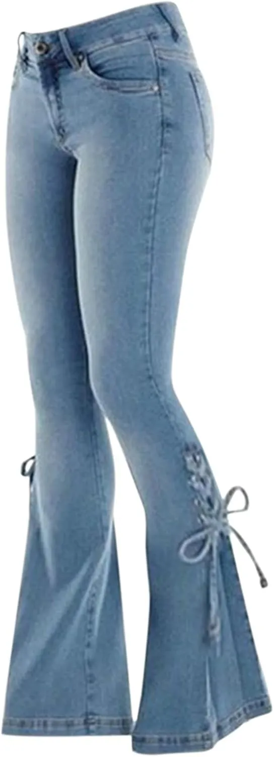 Women's Flare Bell Bottom Jeans Classic High Waist Totally Shaping Tassel Stretch Curvy Fit Jeans