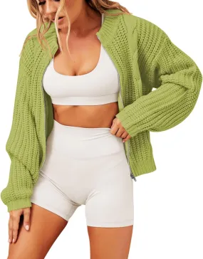 Women's Full Zipper Oversized Cardigan Sweater Long Sleeve Chunky Knit Crew Neck Cardigans Jacket Coat