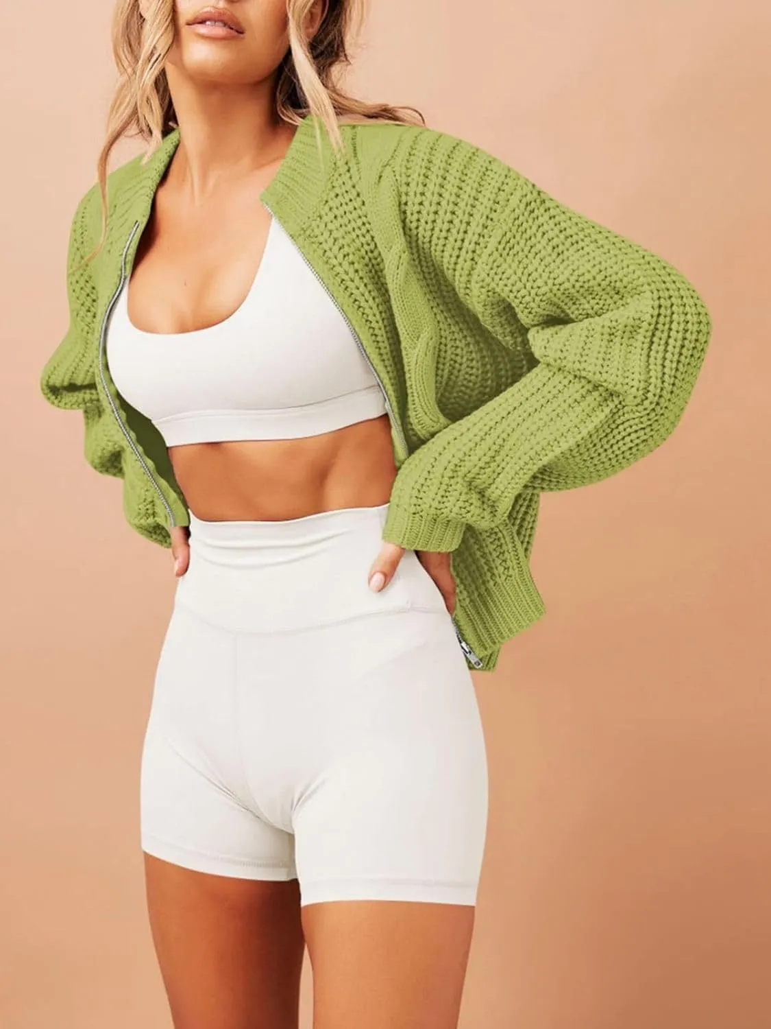 Women's Full Zipper Oversized Cardigan Sweater Long Sleeve Chunky Knit Crew Neck Cardigans Jacket Coat