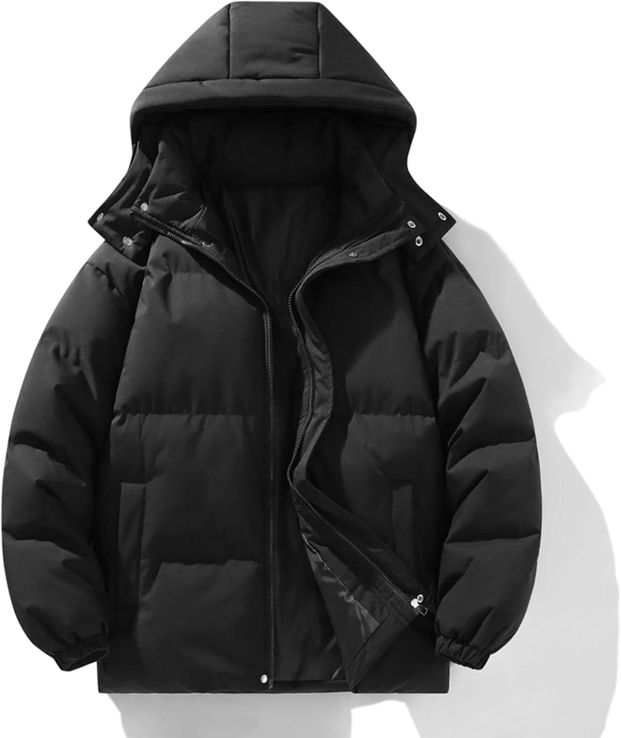 Womens Puffer Jacket Fashion Fleece Long Sleeve Full Zip Coat Winter Baggy Lightweight Warm Hood Outwear with Pockets