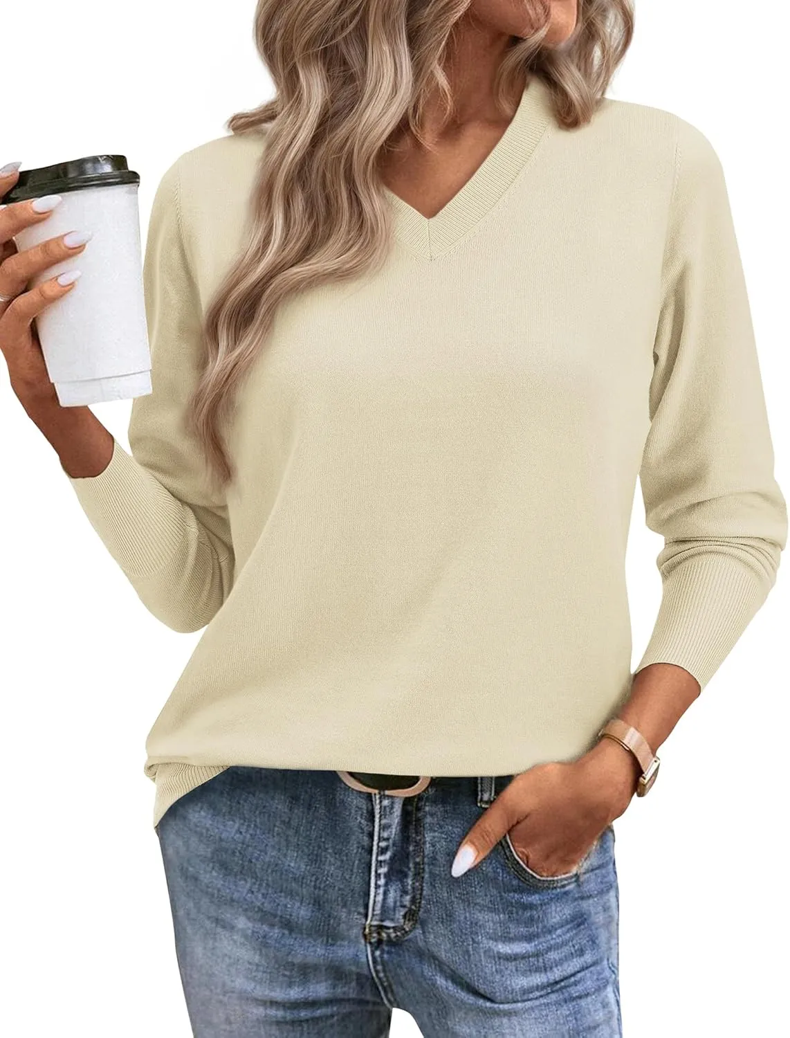 Women's Spring Sweaters 2025 Casual Thin Long Sleeve Pullover V Neck Lightweight Sweatshirts Cute Blouse Tops