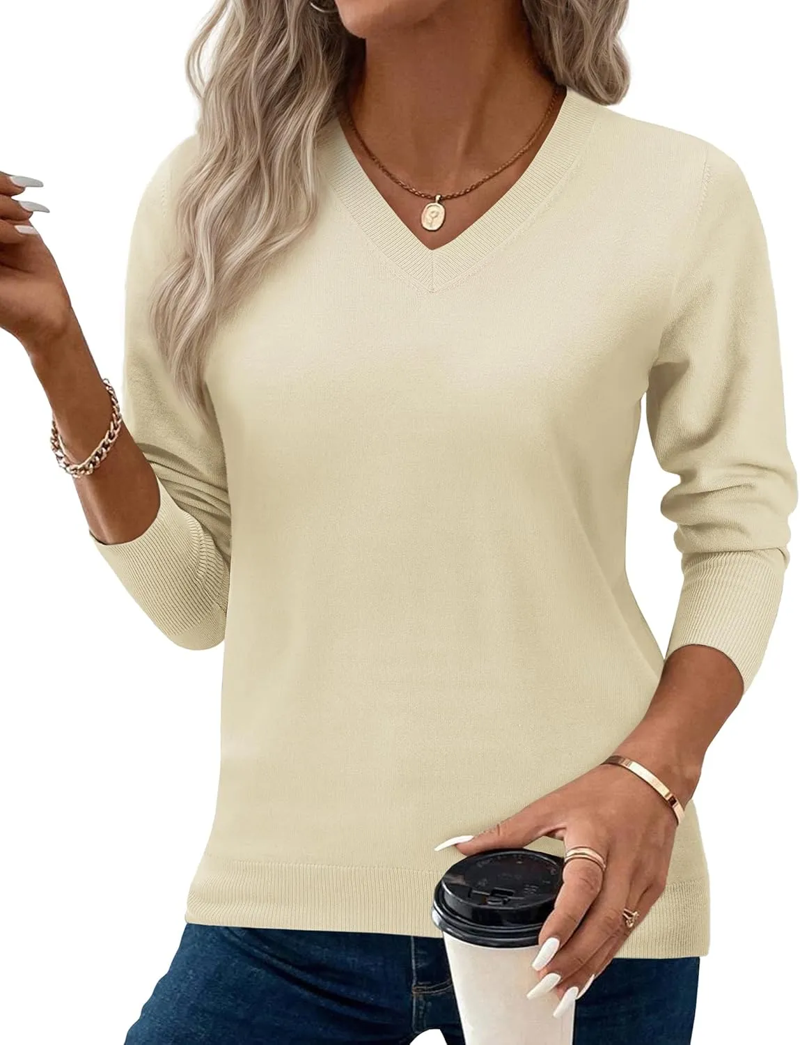 Women's Spring Sweaters 2025 Casual Thin Long Sleeve Pullover V Neck Lightweight Sweatshirts Cute Blouse Tops