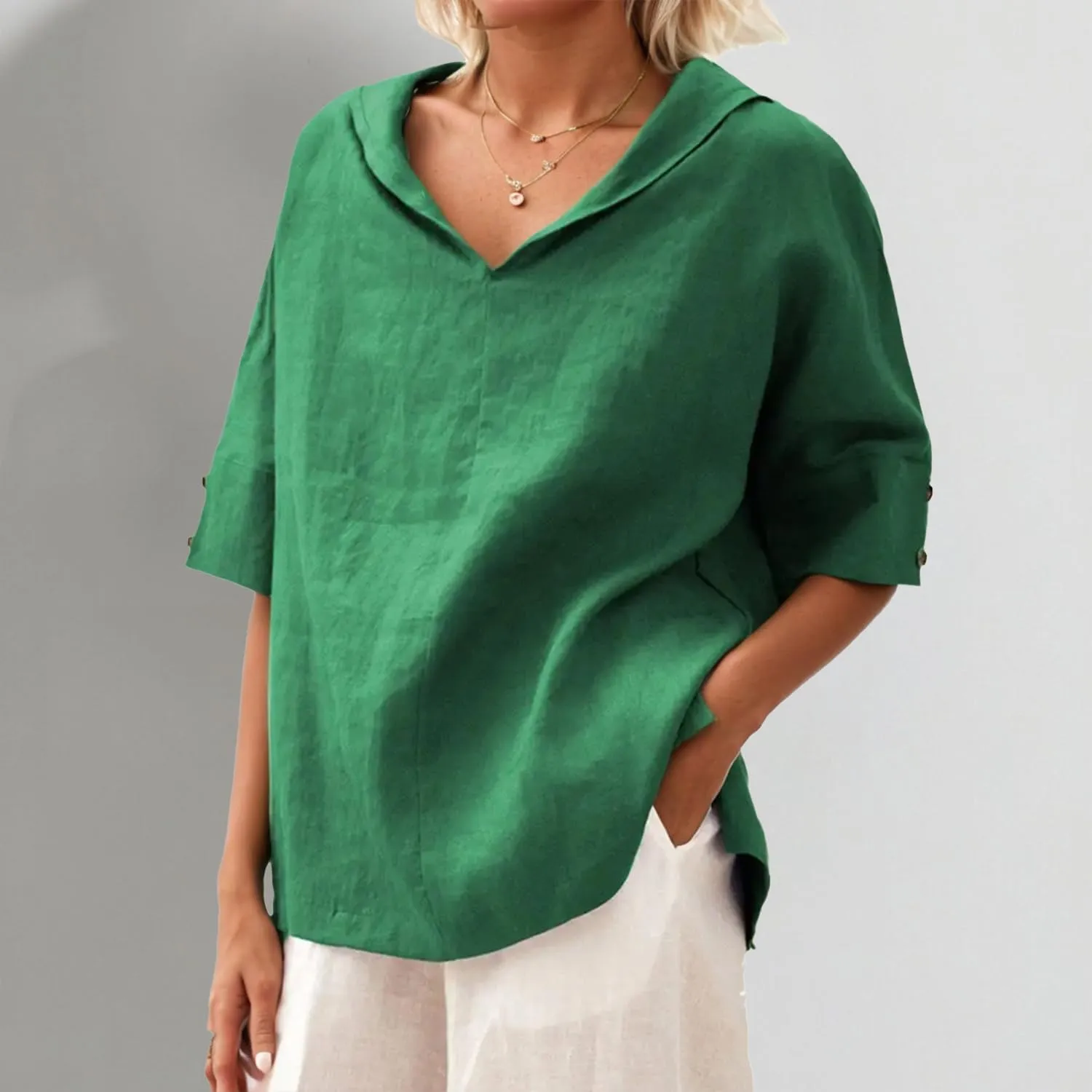 Women's Summer Hoodies Top T-Shirt Cotton Linen Half Sleeve V Neck Casual Loose Lightweight Tunic Blouse