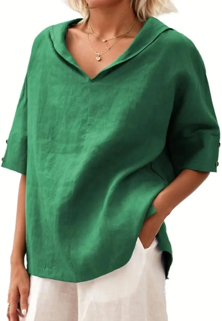 Women's Summer Hoodies Top T-Shirt Cotton Linen Half Sleeve V Neck Casual Loose Lightweight Tunic Blouse