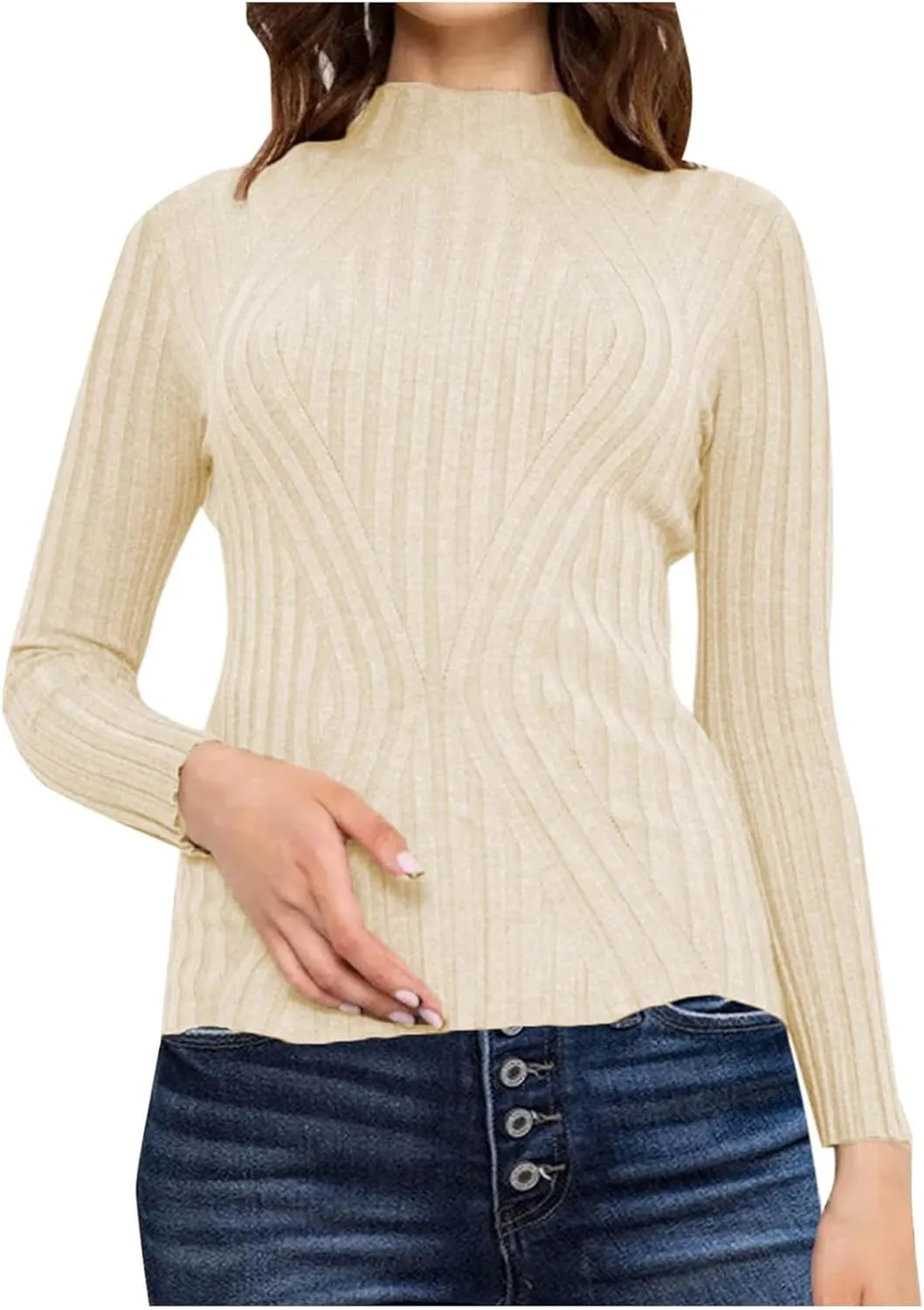Womens Sweaters Turtleneck Ribbed Knitted Pullover Slim Fit Basic Sweater Casual Long Sleeve Knitwear Spring Jumper Tops