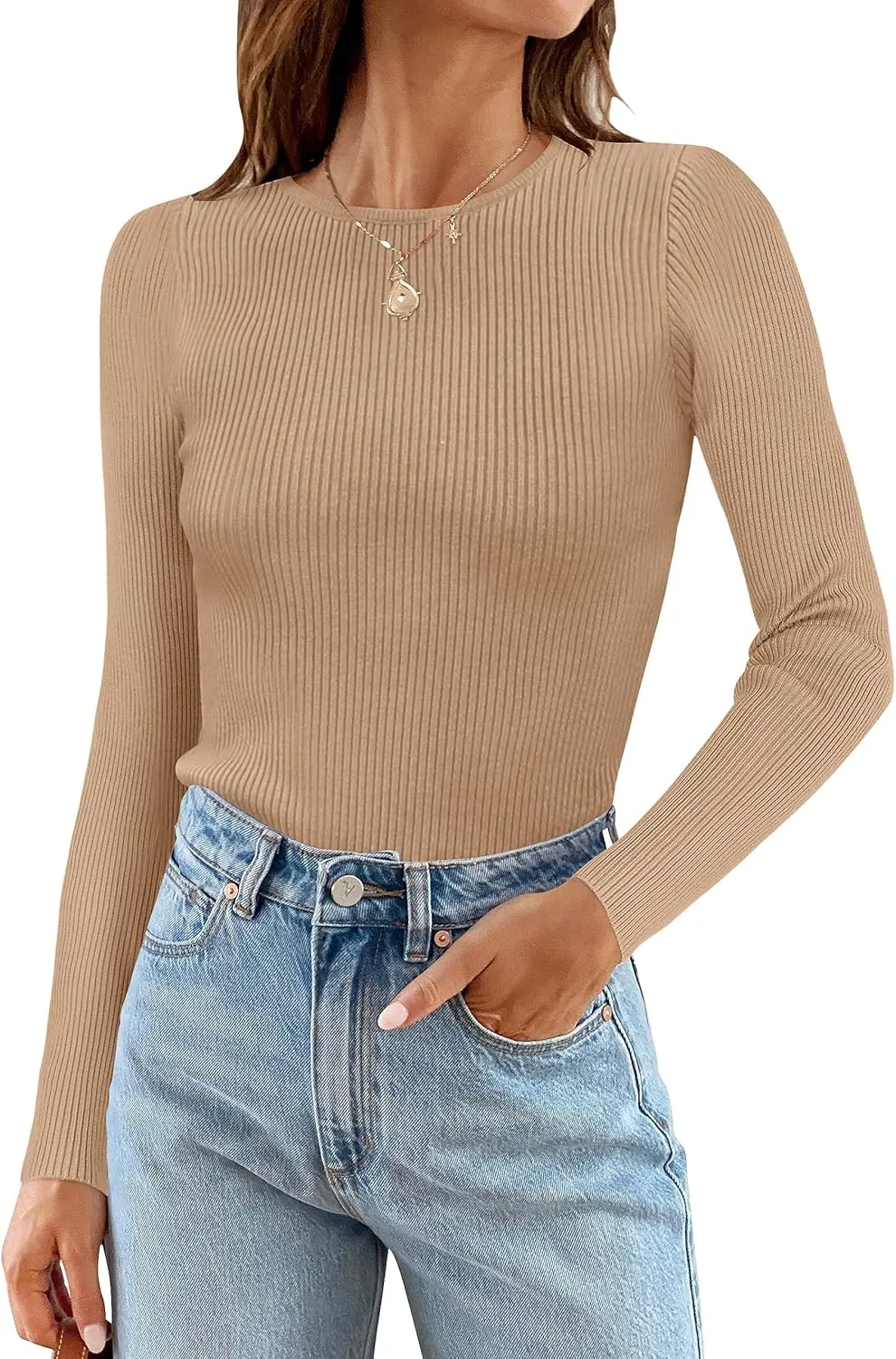 ZESICA Women's Long Sleeve Crewneck Shirts Spring Knit Sweater Slim Fitted Casual Basic Tee Tops