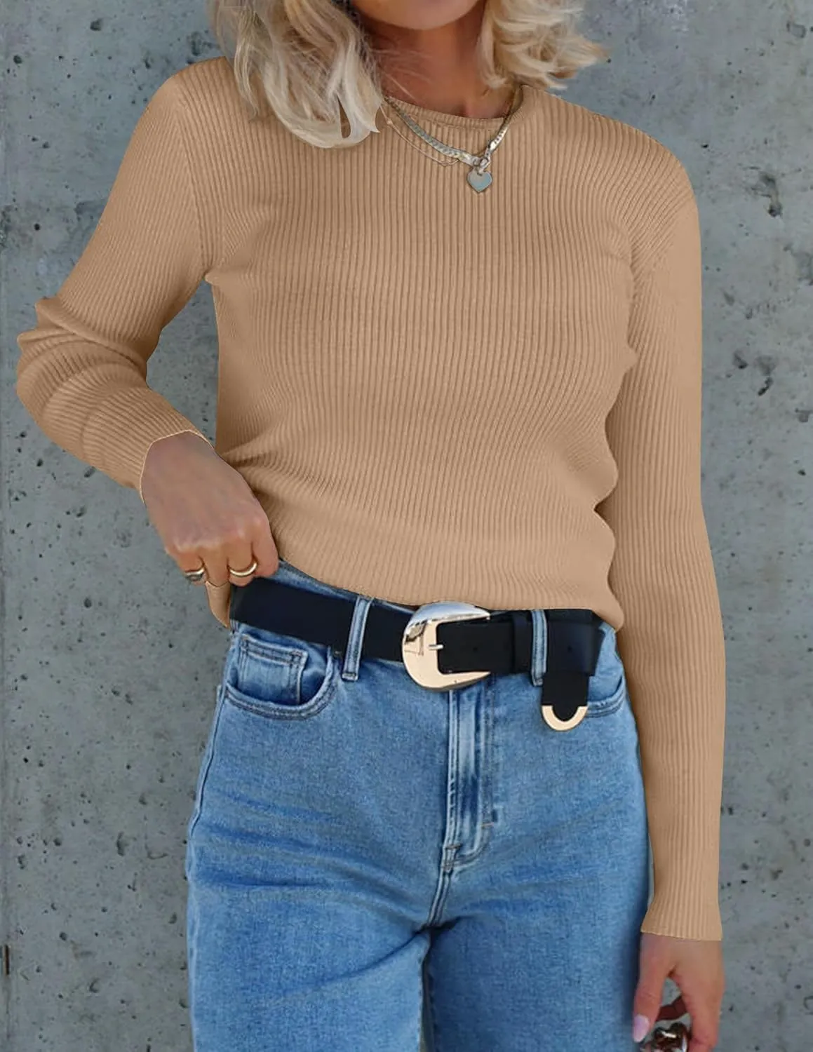 ZESICA Women's Long Sleeve Crewneck Shirts Spring Knit Sweater Slim Fitted Casual Basic Tee Tops