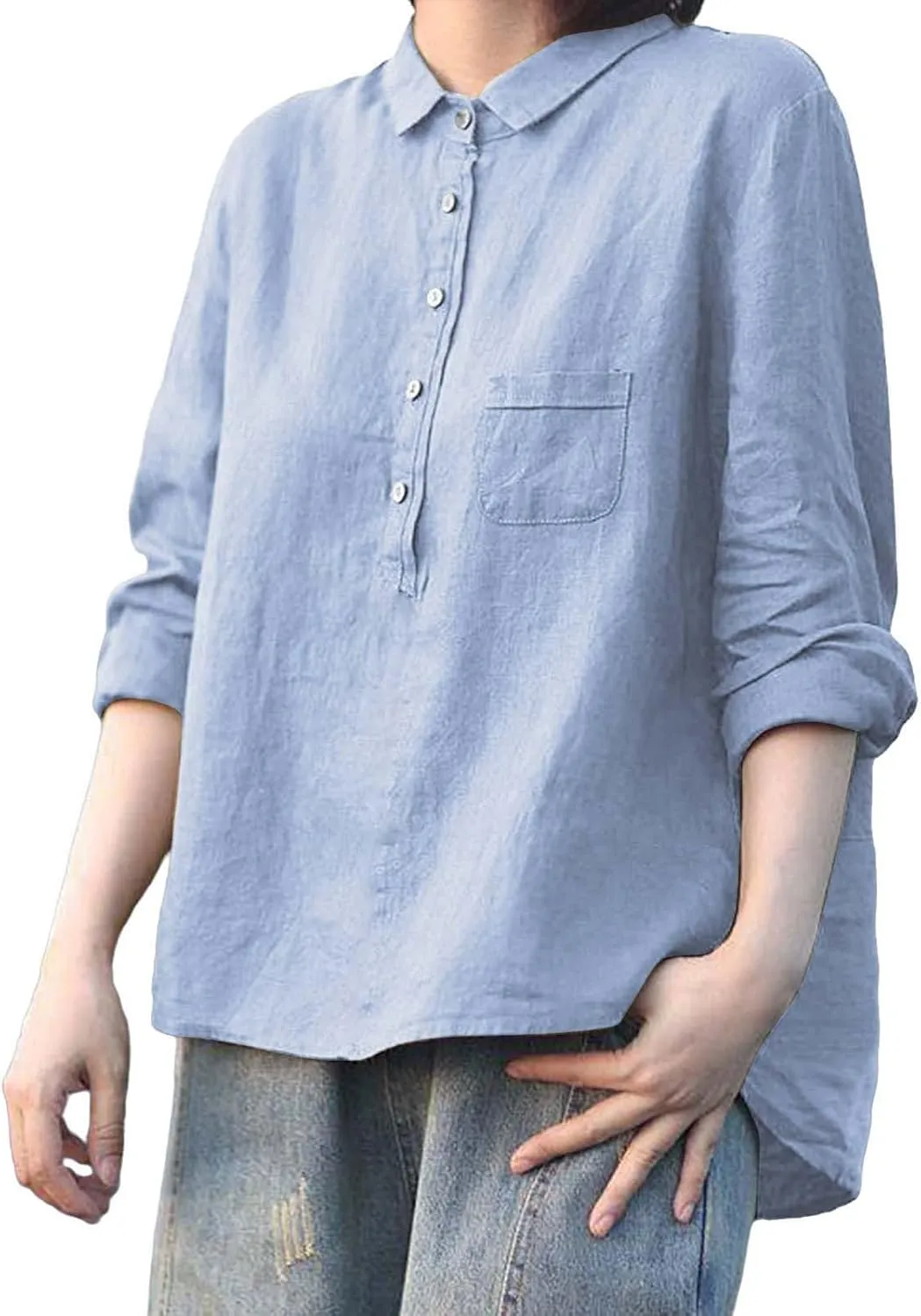 ZYXTIM Women's Cotton Linen Henley Shirts 3/4 Sleeve Lapel Loose Summer Tops Floral Printed Lightweight Casual Blouse Tops