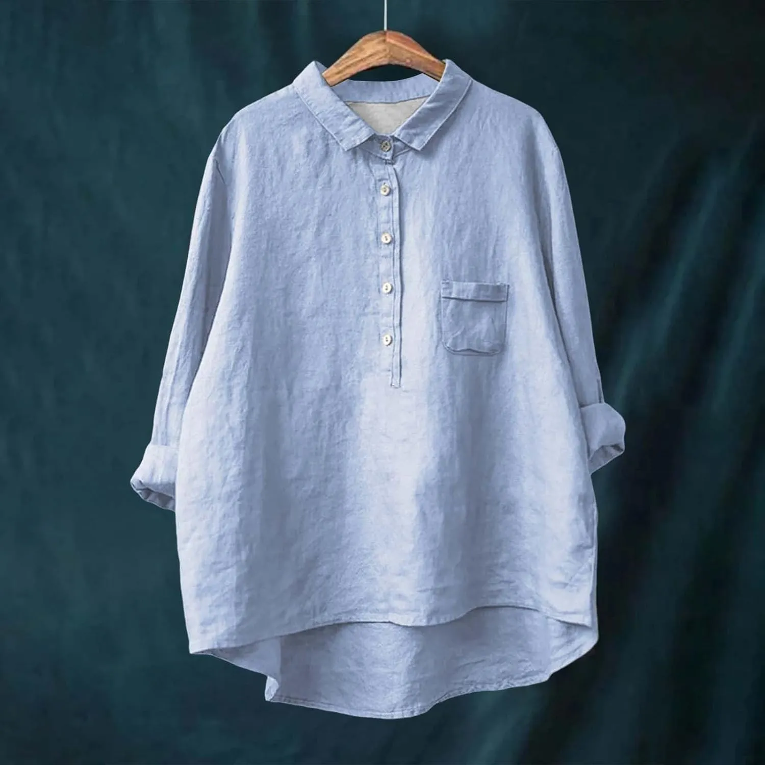 ZYXTIM Women's Cotton Linen Henley Shirts 3/4 Sleeve Lapel Loose Summer Tops Floral Printed Lightweight Casual Blouse Tops